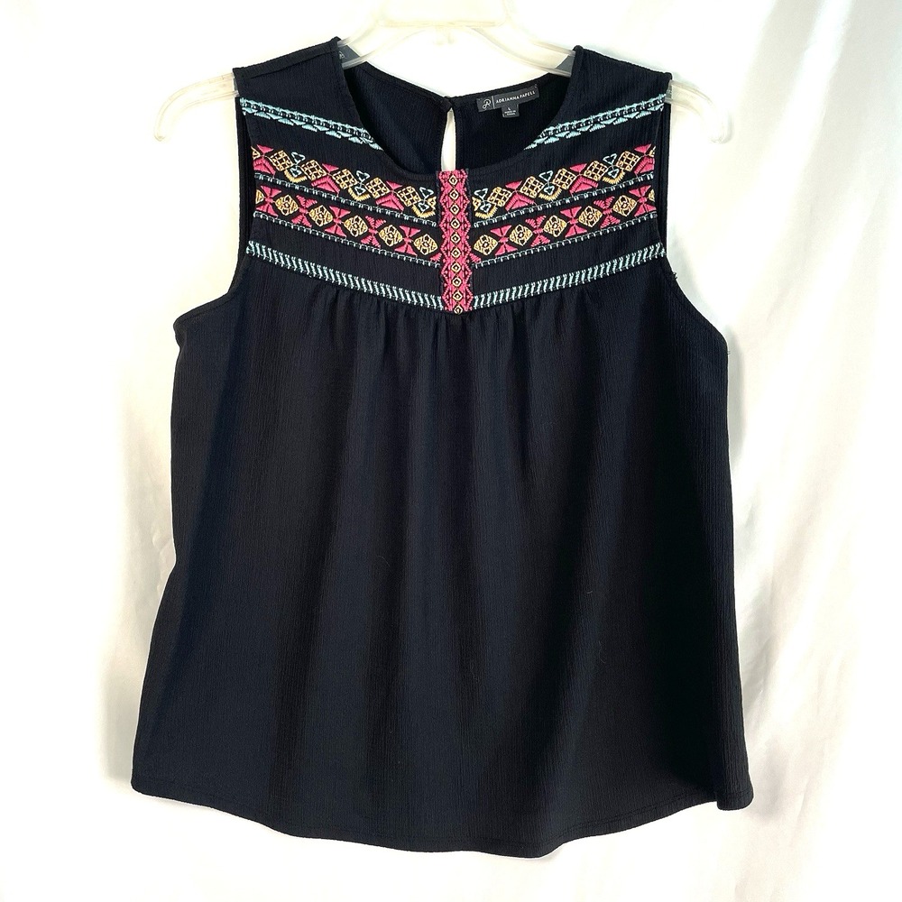 Adrianna Papell Wms Large Black Sleeveless Embroidered‎ Blouse Brickbrack Pleats